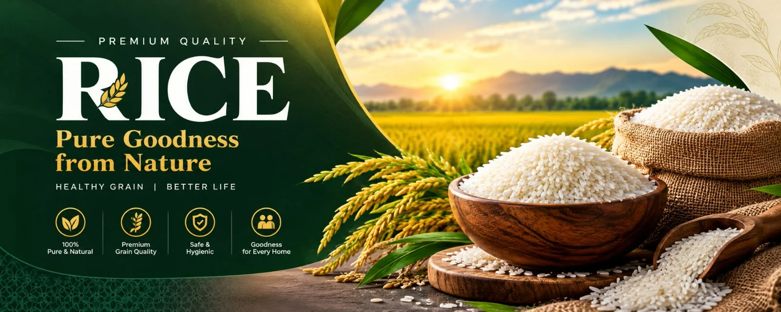 Premium quality rice, Pure Goodness from Nature, with a bowl of white rice and a paddy field